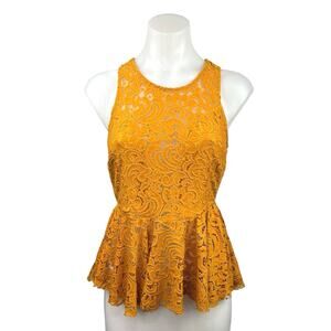 Haute Monde Orange Embroidered Lace Sleeveless Peplum Blouse Top Size M